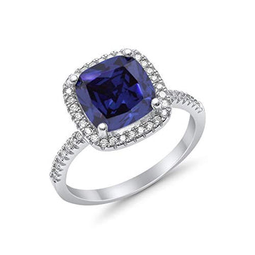 Halo Cushion Engagement Ring Simulated Blue Sapphire CZ  925 Sterling Silver